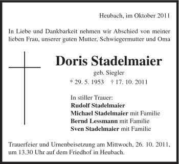 Traueranzeige von Doris Stadelmaier von Gmünder Tagespost