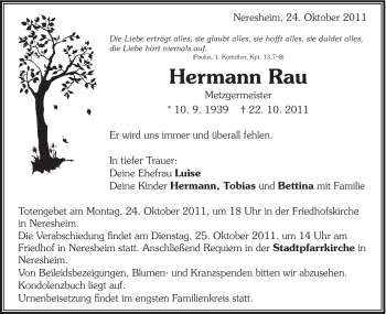 Traueranzeige von Hermann Rau von Schwäbische Post