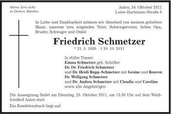 Traueranzeige von Schmetzer Friedrich von Schwäbische Post