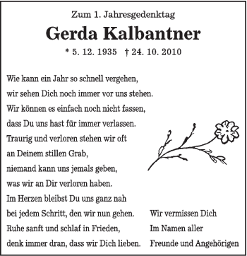 Traueranzeige von Gerda Kalbantner von Gmünder Tagespost