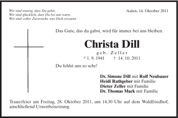 Traueranzeige von Dill Christa von Schwäbische Post