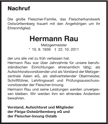 Traueranzeige von Hermann Rau von Schwäbische Post
