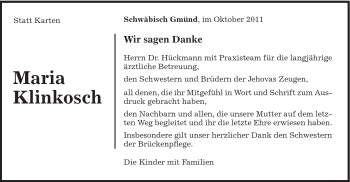 Traueranzeige von Maria Klinkosch von Gmünder Tagespost