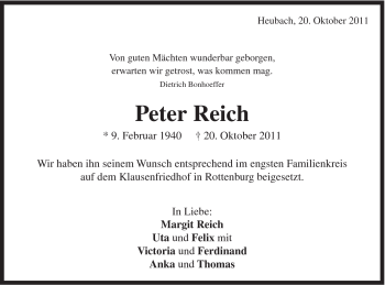 Traueranzeige von Peter Reich von Gmünder Tagespost