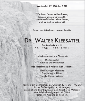 Traueranzeige von Walter Kleesattel von Gmünder Tagespost