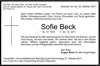 Traueranzeige von Sofie Beck von Schwäbische Post