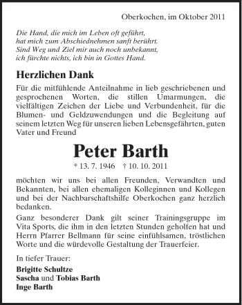 Traueranzeige von Peter Barth von Schwäbische Post