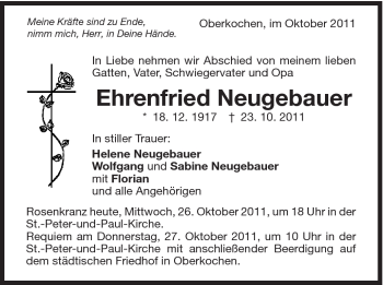 Traueranzeige von Ehrenfried Neugebauer von Schwäbische Post