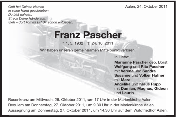 Traueranzeige von Franz Pascher von Schwäbische Post