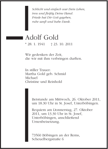Traueranzeige von Adolf Gold von Gmünder Tagespost