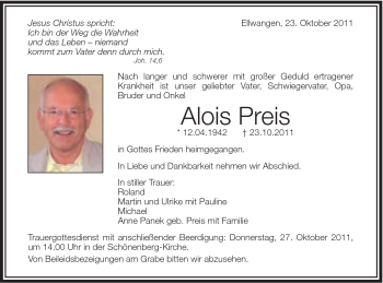 Traueranzeige von Michael Preis von Schwäbische Post