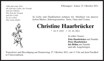 Traueranzeige von Christine Haarbrücker von Schwäbische Post