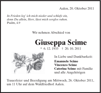 Traueranzeige von Giuseppa Scime von Schwäbische Post