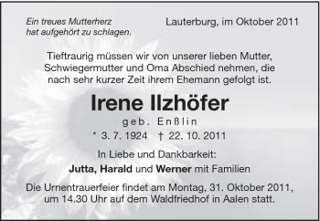 Traueranzeige von Irene Ilzhöfer von Schwäbische Post