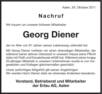 Traueranzeige von Georg Diener von Schwäbische Post