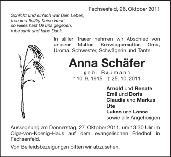 Traueranzeige von Anna Schäfer von Schwäbische Post
