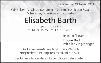 Traueranzeige von Elisabeth Barth von Schwäbische Post