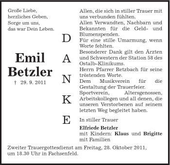 Traueranzeige von Emil Betzler von Schwäbische Post