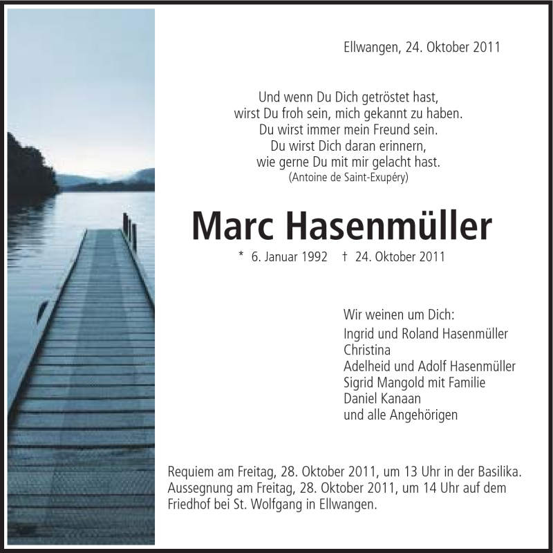  Traueranzeige für Marc Hasenmüller vom 26.10.2011 aus Schwäbische Post