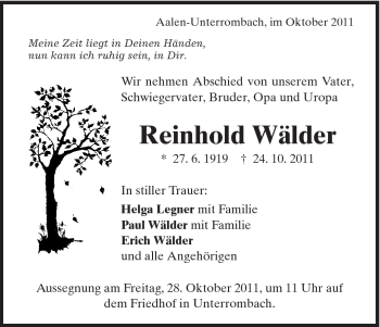 Traueranzeige von Reinhold Wälder von Schwäbische Post