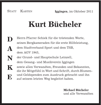 Traueranzeige von Kurt Bücheler von Gmünder Tagespost