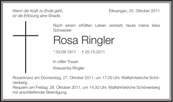 Traueranzeige von Rosa Ringler von Schwäbische Post