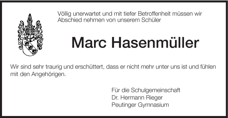  Traueranzeige für Marc Hasenmüller vom 27.10.2011 aus Schwäbische Post