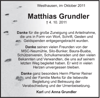 Traueranzeige von Matthias Grundler von Schwäbische Post