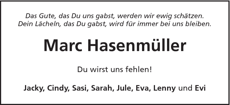  Traueranzeige für Marc Hasenmüller vom 27.10.2011 aus Schwäbische Post