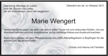 Traueranzeige von Marie Wengert von Schwäbische Post