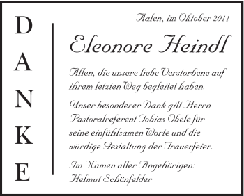 Traueranzeige von Eleonore Heindl von Schwäbische Post