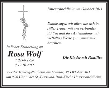 Traueranzeige von Rosa Wolf von Schwäbische Post