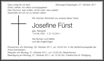 Traueranzeige von Josefine Fürst von Schwäbische Post