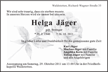 Traueranzeige von Helga Jäger von Gmünder Tagespost