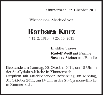 Traueranzeige von Barbara Kurz von Gmünder Tagespost