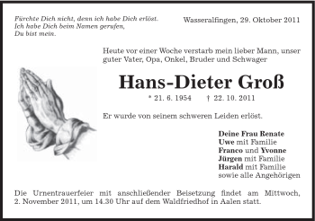Traueranzeige von Groß Hans-Dieter von Schwäbische Post