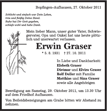 Traueranzeige von Graser Erwin von Schwäbische Post