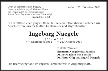Traueranzeige von Ingeborg Naegele von Schwäbische Post