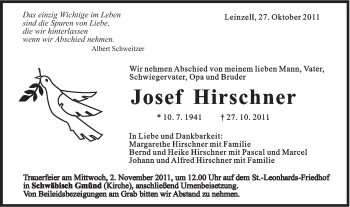 Traueranzeige von Josef Hirschner von Gmünder Tagespost