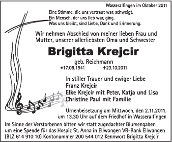 Traueranzeige von Brigitta Krejcir von Schwäbische Post