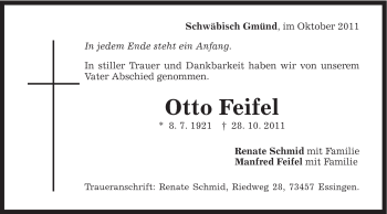 Traueranzeige von Otto Feifel von Gmünder Tagespost