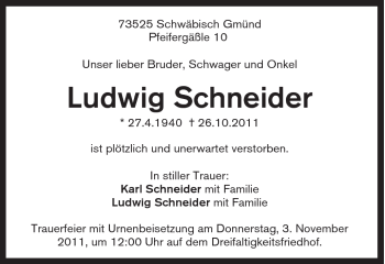 Traueranzeige von Ludwig Schneider von Gmünder Tagespost