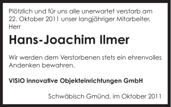 Traueranzeige von Hans-Joachim Ilmer von Schwäbische Post