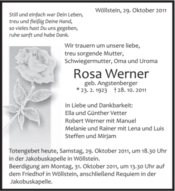 Traueranzeige von Rosa Werner von Schwäbische Post