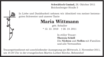 Traueranzeige von Maria Wittmann von Gmünder Tagespost