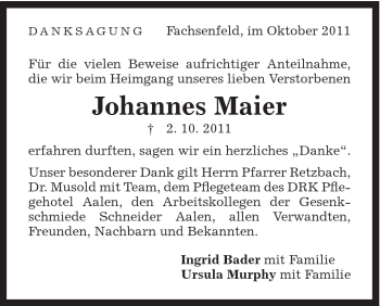 Traueranzeige von Johannes Maier von Schwäbische Post