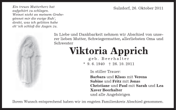 Traueranzeige von Viktoria Apprich von Schwäbische Post