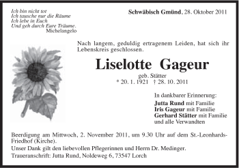 Traueranzeige von Liselotte Gageur von Gmünder Tagespost