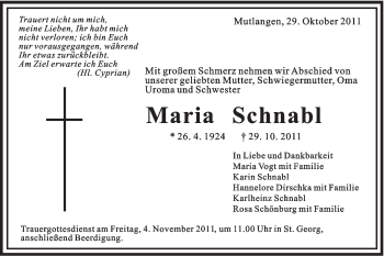 Traueranzeige von Maria Schnabl von Gmünder Tagespost