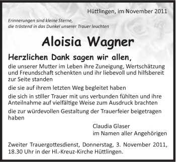 Traueranzeige von Aloisia Wagner von Schwäbische Post